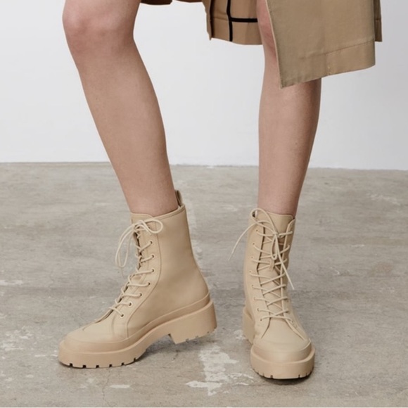 Zara Tan Ankle Combat Boots Platform Size 8 - Picture 1 of 13